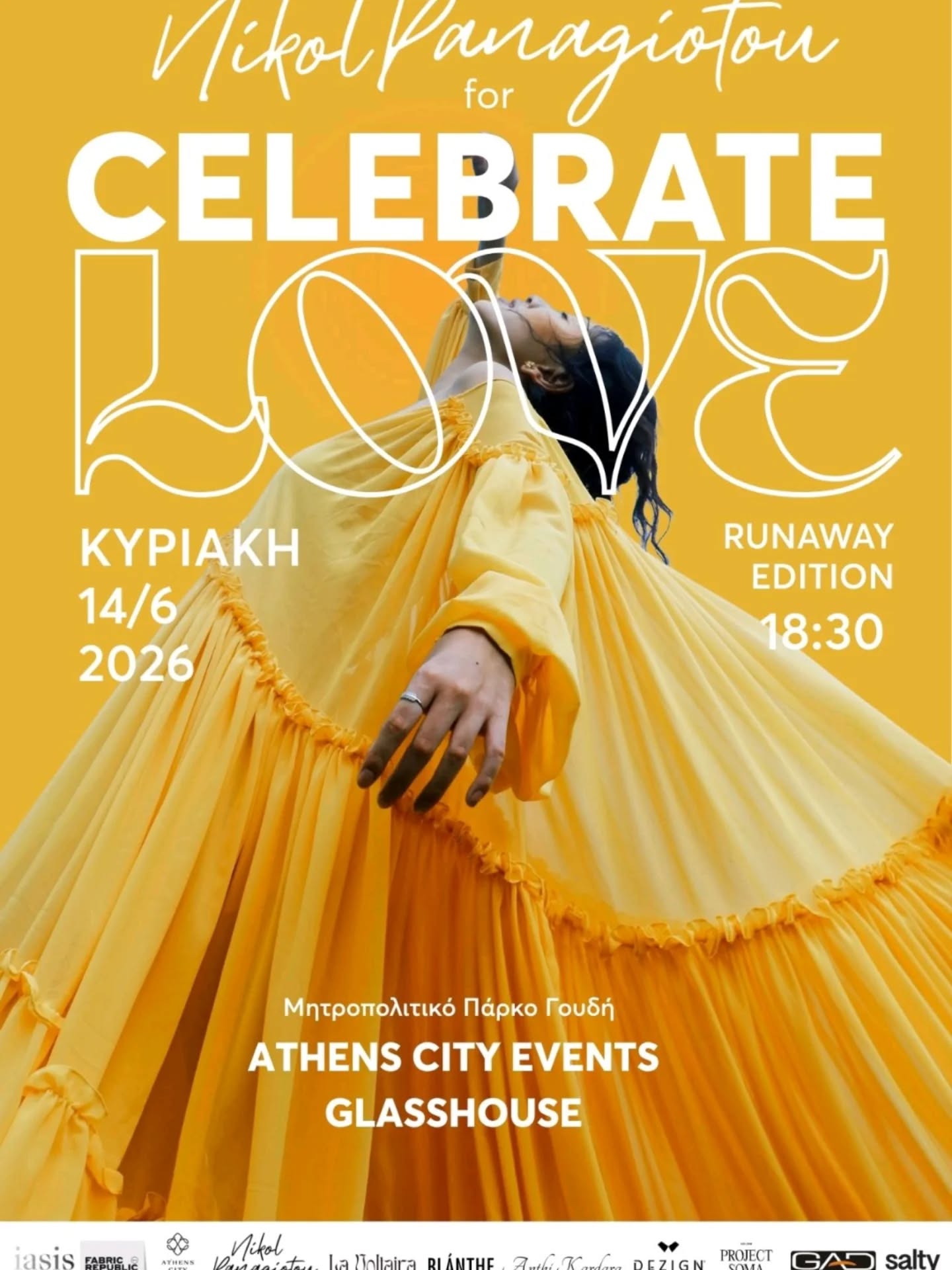 Poster advertising Nikos Panagiotou's 'Celebrate 2026' event with a dancer in a flowing yellow gown; Greek text and Athens City Events logo at the bottom.