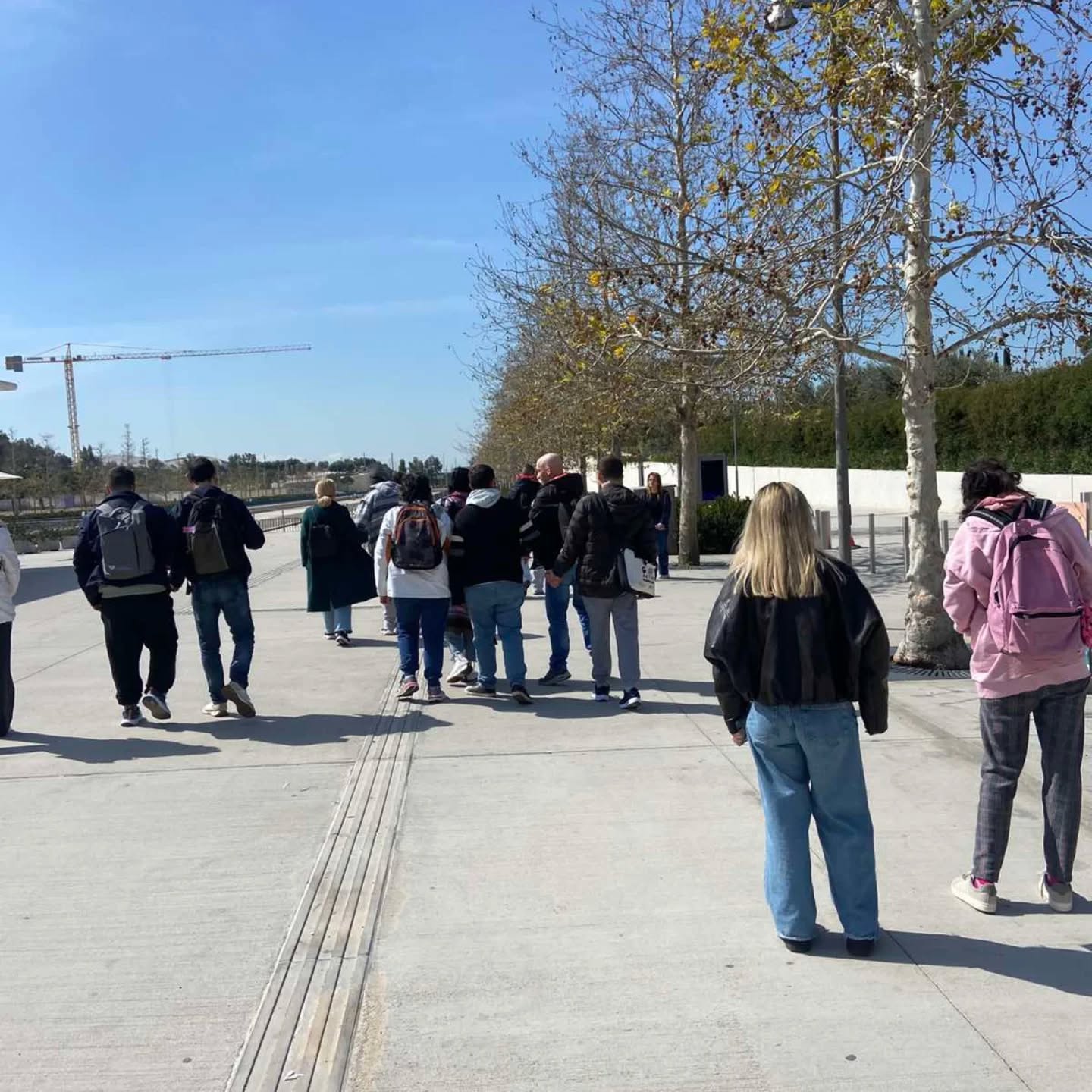 Group of people with backpacks walking along a sunny, tree-lined sidewalk.